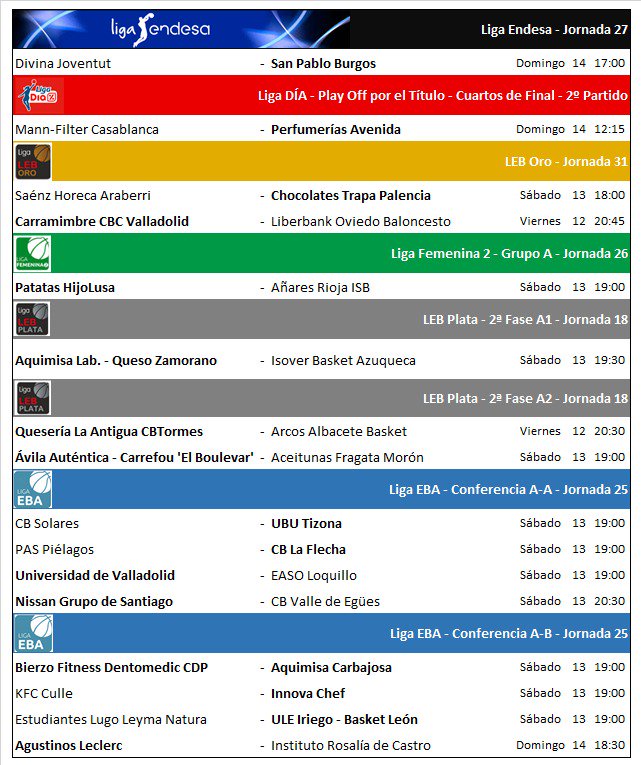 cyl_lp's tweet photo. #HorariosPartidosCyL
Aquí os dejamos los horarios de los 16 partidos que disputan nuestros equipos desde #LigaEndesa hasta #LigaEBA durante este fin de semana.
Además de estos encuentros, prestaremos especial atención a las #F4CyL2019 y al #Mini2019. https://t.co/HMwQUTik2H