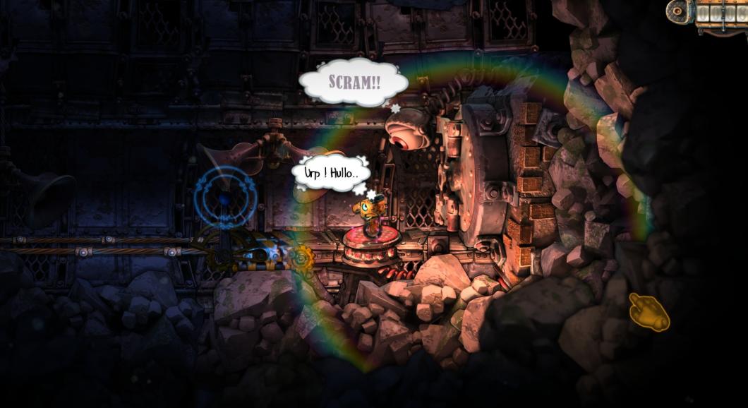 A screenshot of Rusty Pup the game. A robot pupper can be seen navigating an underground scrapyard.