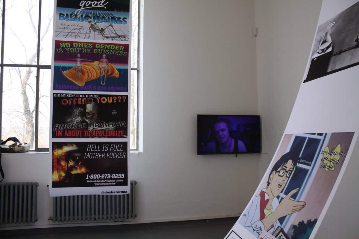 covenberlin's tweet photo. Some better pics of our meme show "Accessibility Note no 5 - Neodaddyism 💯"at GAVU in Prague, featuring @dasharez0ne. Thank you for your art's!
Also, exhibition lasts until April the 28th, don't miss it if you are around! https://t.co/6N2UyGErJR