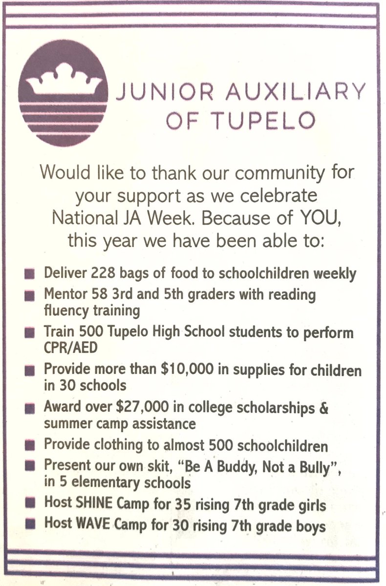 JAofTupelo's tweet photo. Happy JA Week! We’d like to thank our community for your support of our 9 service projects. Through your support, the lives of the children of Lee County are better. Thank you for letting our hands do the work of your heart! #WeareNAJA #JAWeek2019 #jatupelo https://t.co/KId8F8KxbH