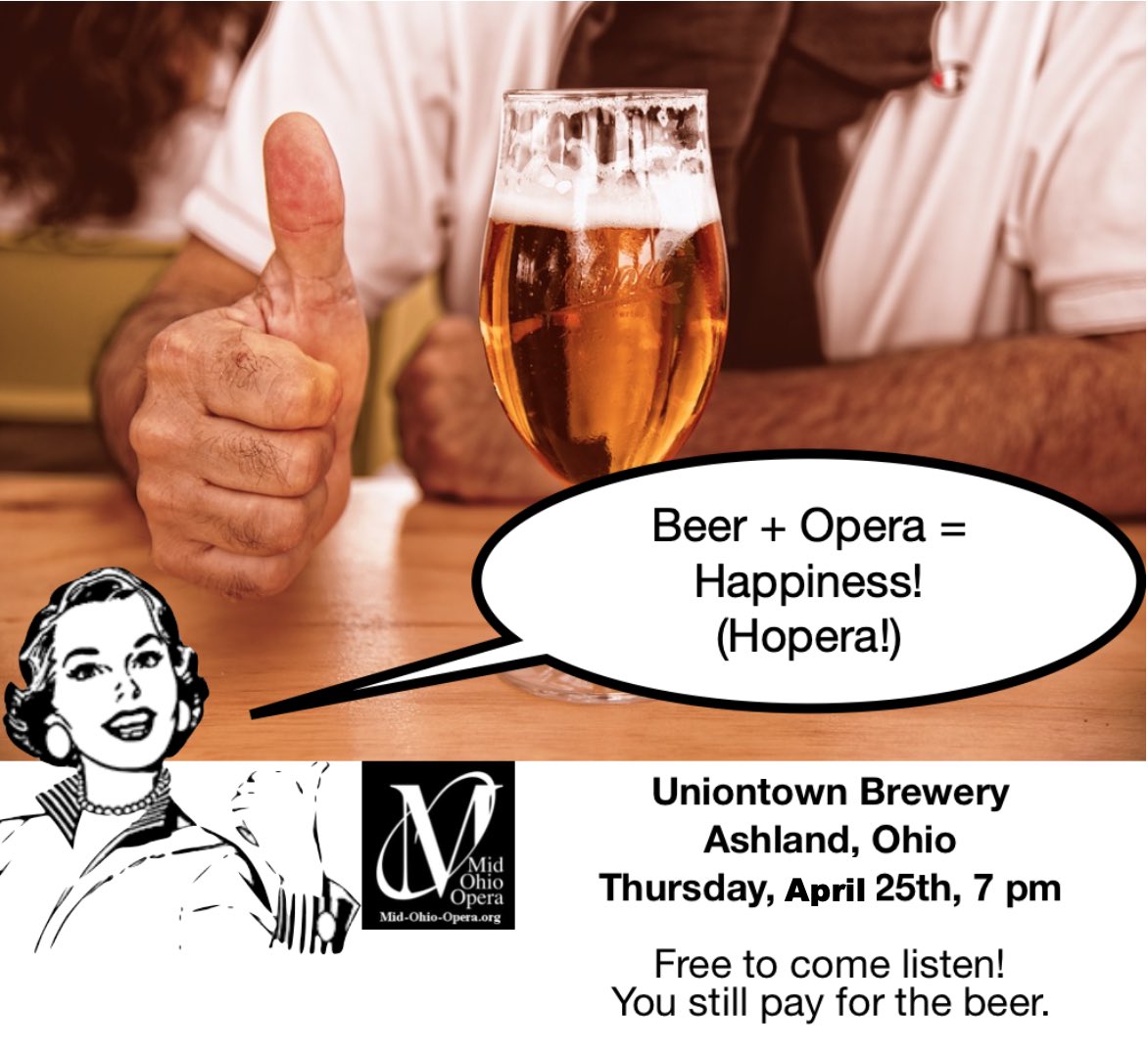 Midohioopera's tweet photo. "Hopera" at Uniontown Brewery, Ashland, OH, 4/25 7pm. Free concert in relaxed atmosphere. Local composer Rick Sowash's chancel opera Everyman, 4/26, 7 pm at Mansfield Art Center! 4/27, 2pm Zion Lutheran Church, Wooster, OH, &amp; 4/28, 11 am Mt. Auburn Presbyterian Church, Cincinnati https://t.co/skMtSMxMbf