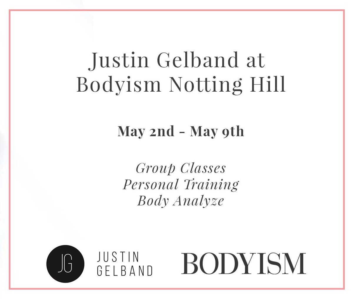 bodyism's tweet image. Justin Gelband x Bodyism | New York based personal trainer and lifestyle coach Gelband will be at Bodyism from May 2nd to May 9th. Justin will be available for group classes, personal training sessions and his signature ‘Body Analysis.’ Tickets through bit.ly/JGelbandBodyism