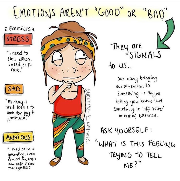 Emotions aren’t “good” or “bad”

They are signals to us. It is our body bring attention to something is off balance.

Ask yourself “what is this feeling trying to tell me?”