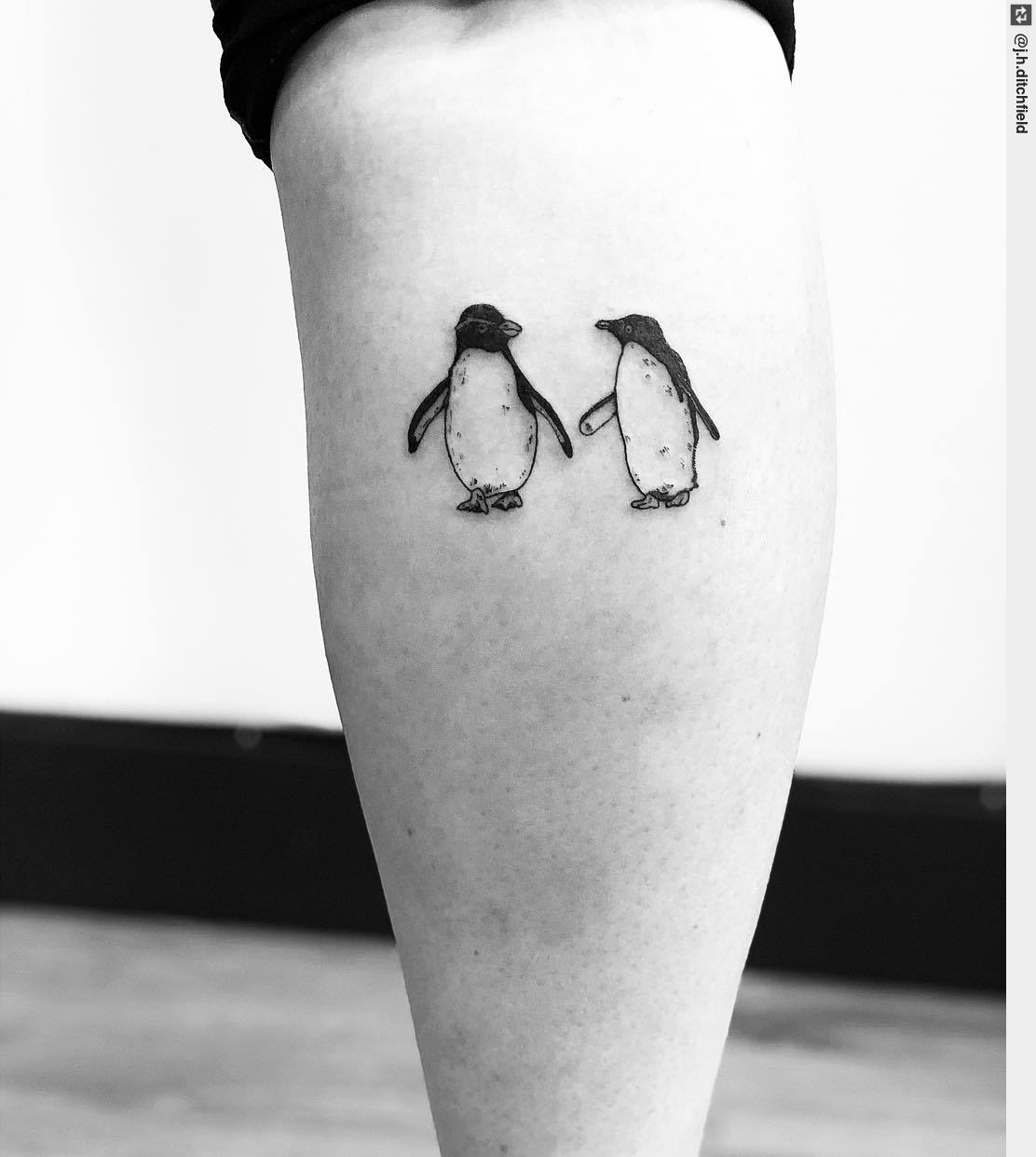 One line matching penguin tattoo for couple