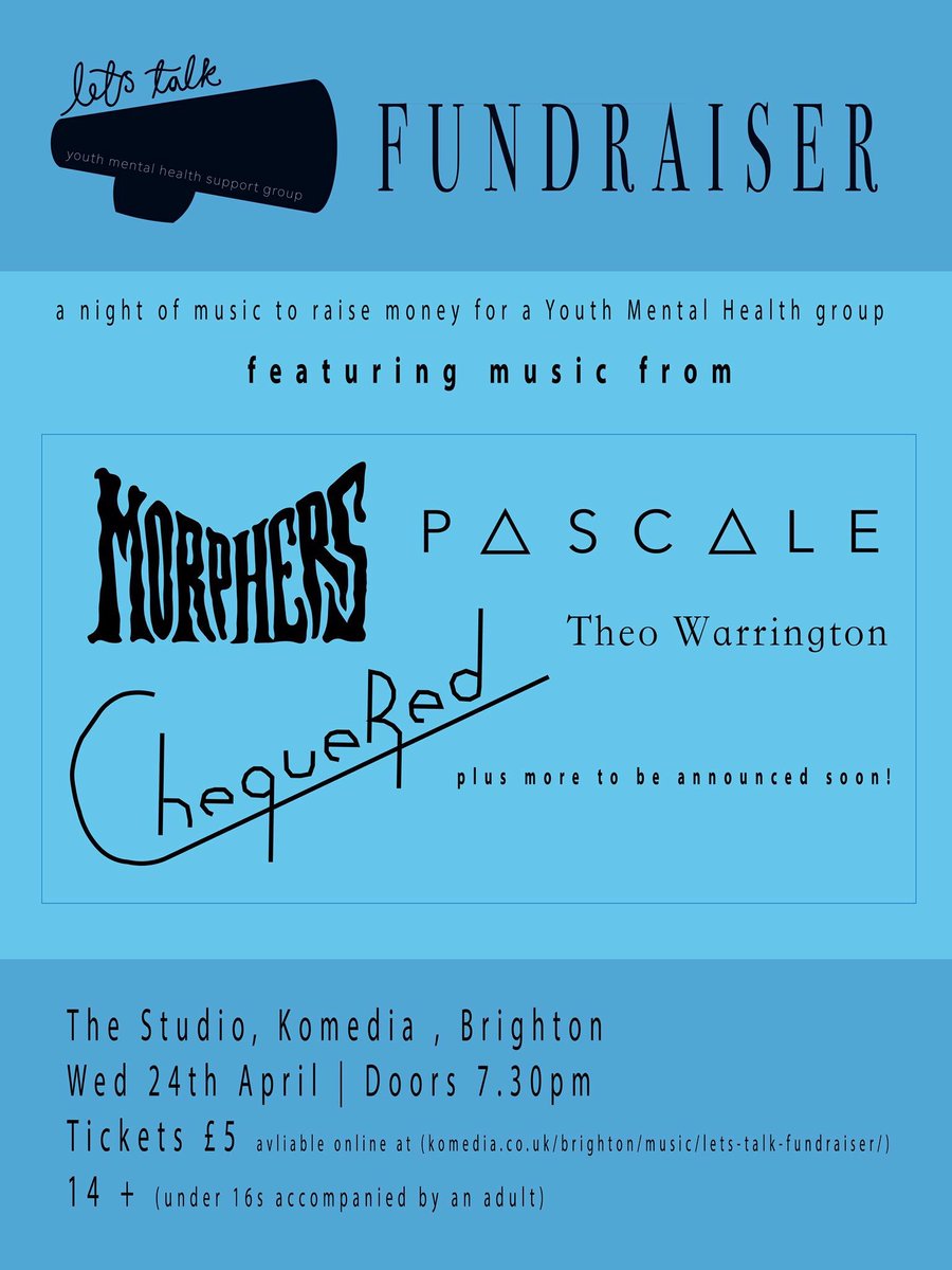 pascaleband's tweet photo. UPCOMING GIG!!

We are playing @KomediaBrighton as part of the Let’s Talk Fundraiser! 

This gig is raising awareness of youth mental health. 

Tickets are only £5 so be sure to grab them: https://t.co/l3ktafezyY

Can’t wait to play with @ChequeredR again 🙌🏽 https://t.co/3Tumktmi4V
