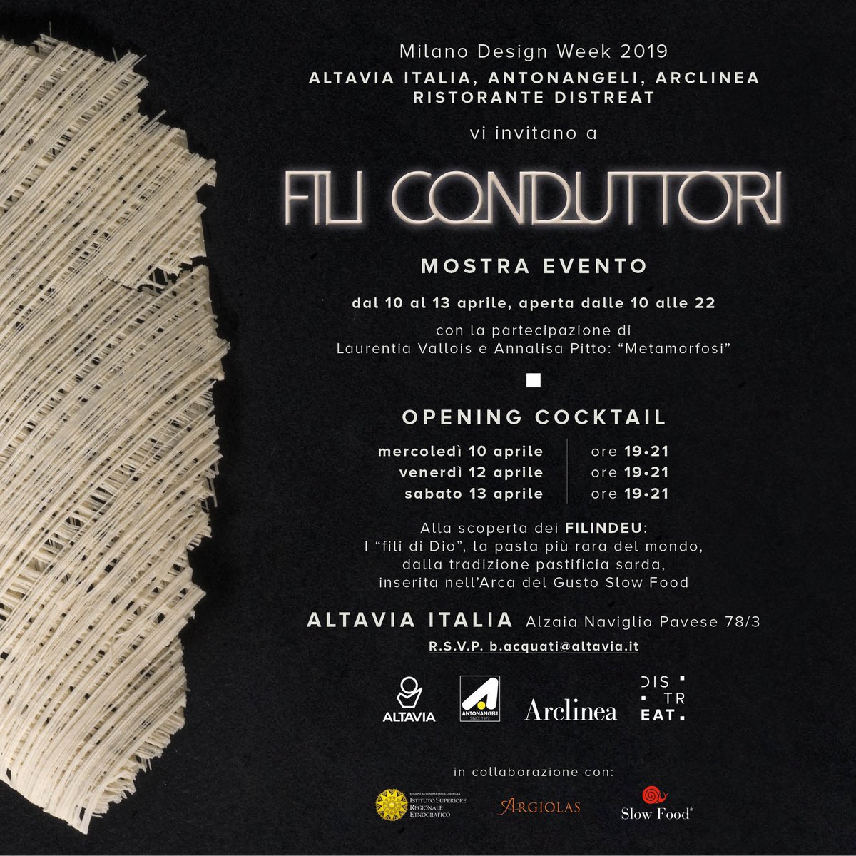 AltaviaItalia's tweet image. #Altavia si illumina per Fili Conduttori, 2° appuntamento per il nostro #fuorisalone, con la #degustazione dei preziosi Filindeu e dei vini Argiolas. Vi aspettiamo stasera, dalle 19 alle 21!
La #mostra di #arte &amp;amp; #design è sempre aperta, fino a domani, dalle 10 alle 22.
