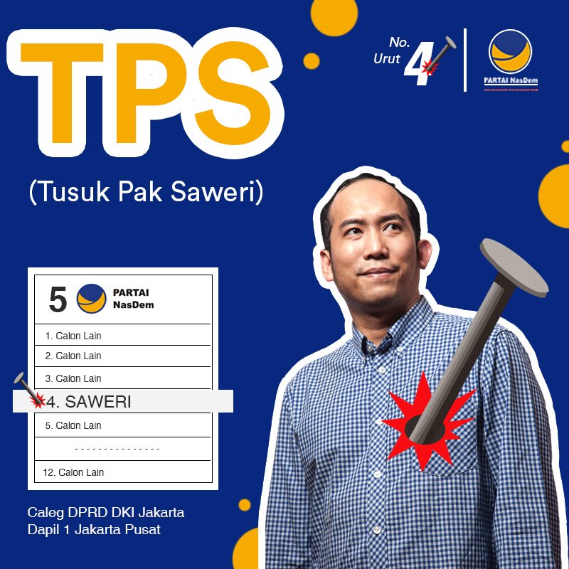 saweri_official's tweet photo. Jangan lupa, 17 April 2019 nanti tusuk nama saya ya. SAWERI! Seperti pada gambar di bawah ini.

Ingat Saweri, No. Urut 4 dari Partai Nasdem untuk Dapil 1 Jakarta Pusat.
Jangan sampai salah ya.

#Saweri #Pemilu2019 #TPS #CalegNasdem #PartaiNasdem https://t.co/HQlbyNoz05