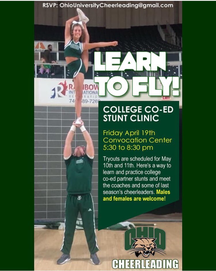 OhioU_Cheer's tweet photo. Ohio University Cheerleading is excited to announce our STUNT CLINIC on Friday April 19th at the Convocation Center. The clinic is open to any interested full time Ohio University student as well as anyone who has been accepted as a full time student for the 2019-20 school year! https://t.co/AnYvnvDOAB
