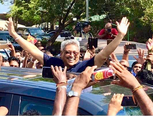 GotabayaR's tweet photo. Touched by the warm welcome - greatly appreciate your love and support. No one can obstruct me from fulfilling my obligations  to our beloved nation. Ready to serve my country again if and when duty calls. #LKA #savethenation https://t.co/HfI70esAAg