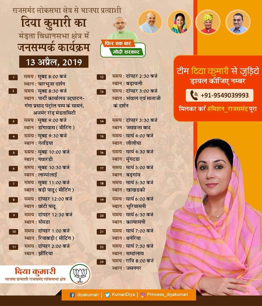 मां मीरा की आराधना एवं श्री चारभुजा नाथ जी के दर्शन कर,कल प्रातः काल मेड़ता विधानसभा क्षेत्र में जनसम्पर्क कार्यक्रम की शुरुआत करूंगी। मेड़ता वासियों से अनुरोध है, राजसमंद लोकसभा में शानदार विजय के साथ ही भारत को फिर से माननीय नरेंद्र मोदी जी के नेतृत्व में आगे बढ़ने का आशीष दें।