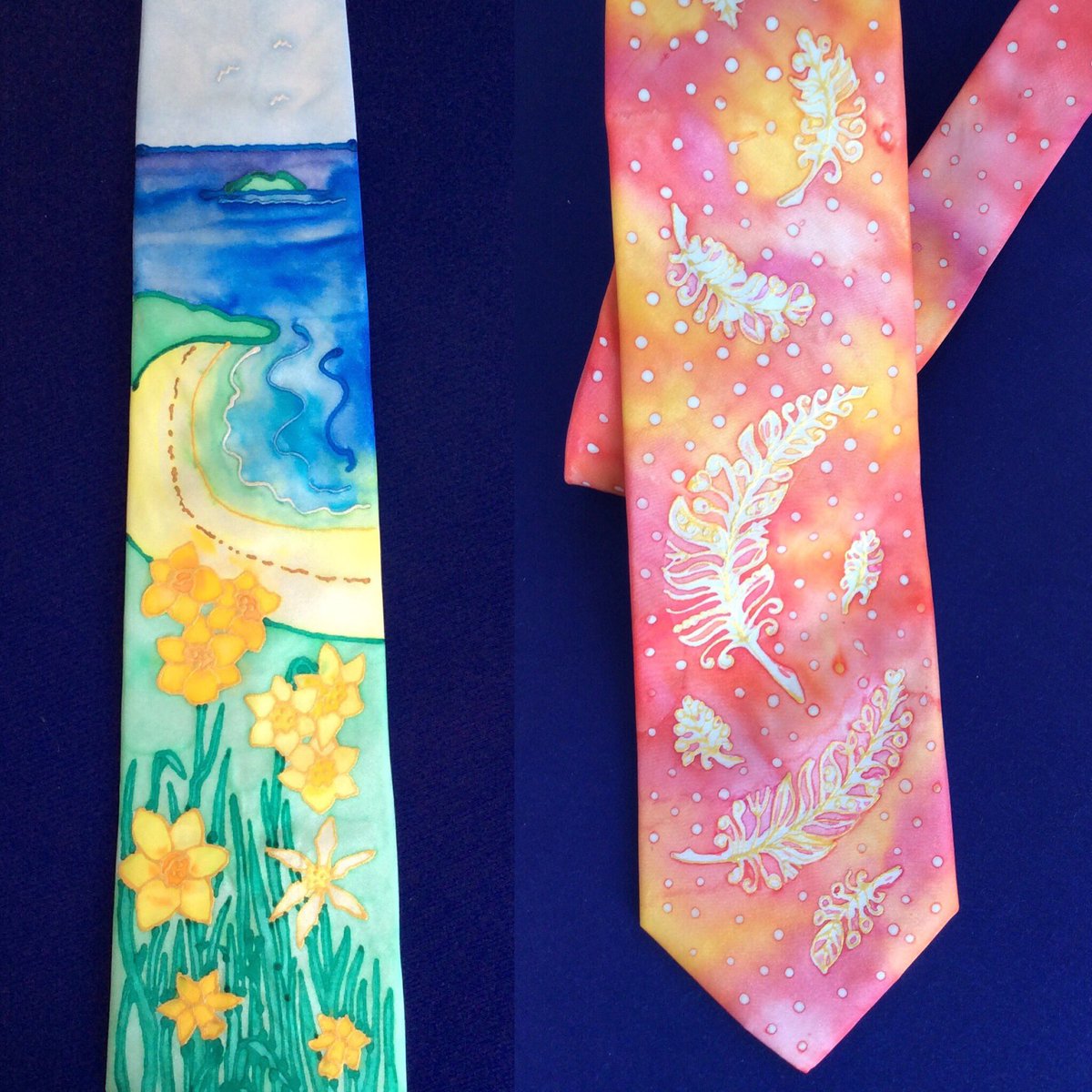 ScillyScarves's tweet image. Two new ties. The feather design sold before it was signed! #handpainted #silktie #islesofscilly #unitedkingdom