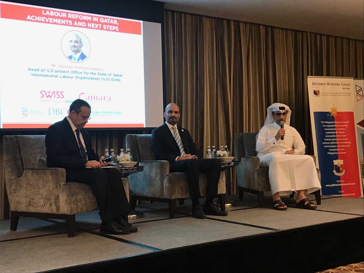 Swiss, Dutch, Portuguese, Spanish and Philippine Business Councils organize ‘Labour Reform in Qatar’ event supporting Qatar to improving labour’s welfare in working &amp; living circumstances. With Houtan Homayounpour ILO &amp; Mr. Mohammed Al Obaidly, MoL &amp; Social Affairs.