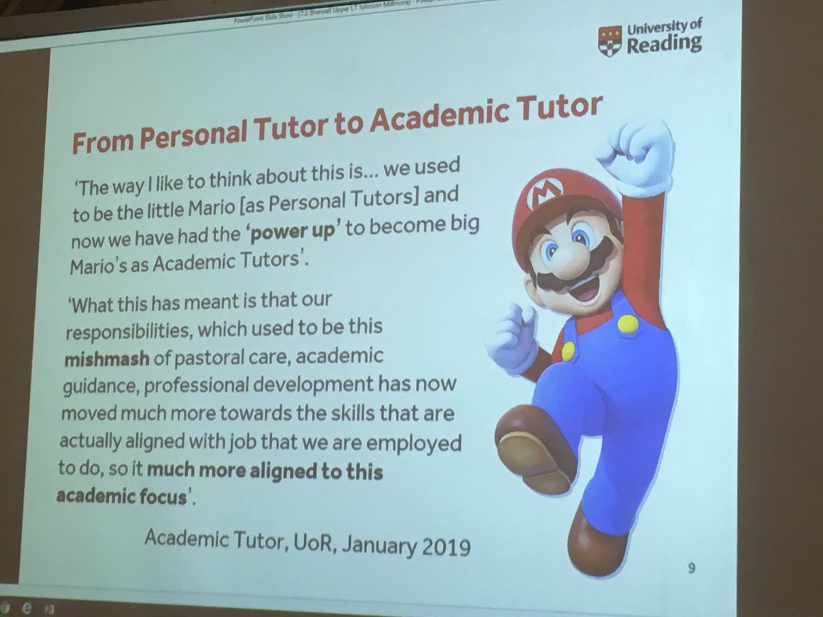DaveLochtie's tweet photo. Fantastic example of transforming Academic Tutoring to overcome the barriers and ensure tutors can ‘power up’ to become big Mario. LOVE the analogy! @LegalTrainingUK #UKATconf19 @UKAT_Edu https://t.co/YRUOj1893s