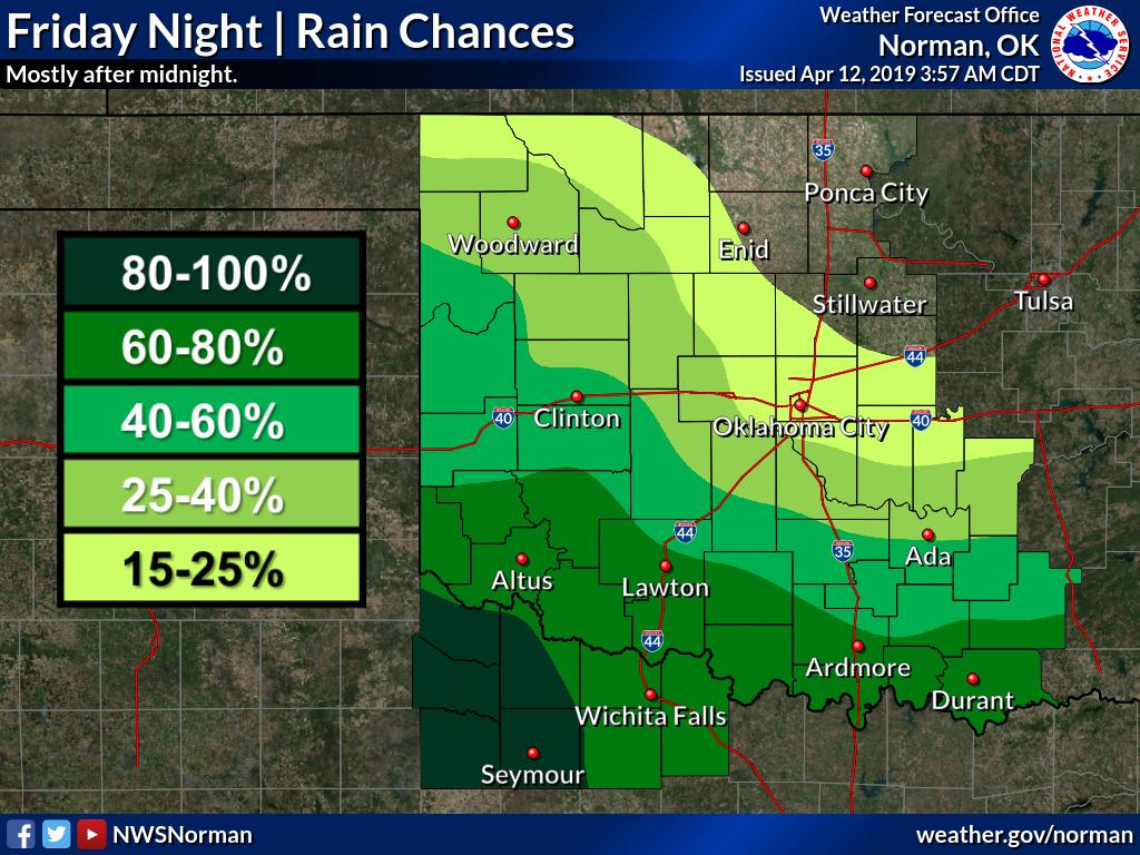NWSNorman's tweet image. Showers and storms will spread northeastward late tonight into the day Saturday. 

Strong to severe storms will be possible across north Texas and southern Oklahoma with a threat for hail. Otherwise, widespread rain is expected with cold temperatures.  #okwx #texomawx