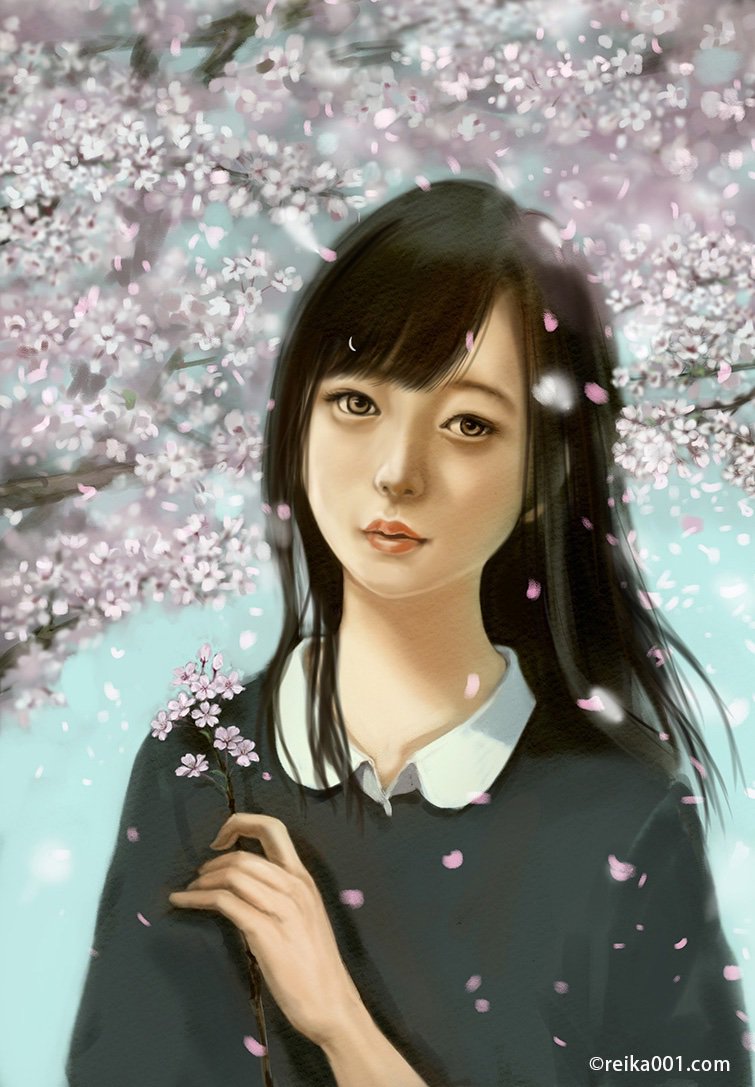 黎嘉 Reika Painting Illustration Graphicdesign No Twitter Illustration Drawing イラスト スケッチ 女性 きれい 絵 リアル Photoshop 人物画 メイク 美人画 人物イラスト Digitalart デジタル リアル 桜 季節感 春 桜吹雪 写実 黒髪