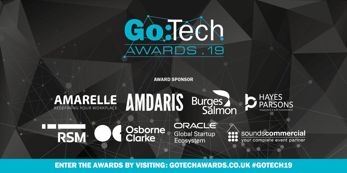 samclark009's tweet image. Shout out to the 2019 @BLeaderNews #GoTechAwards sponsors @Amarelle_Ltd @BurgesSalmon @OsborneClarkeUK @RSMUK @Sounds_Comm @Hayesparsons 
Entries open May 17th gotechawards.co.uk #technology #innovation