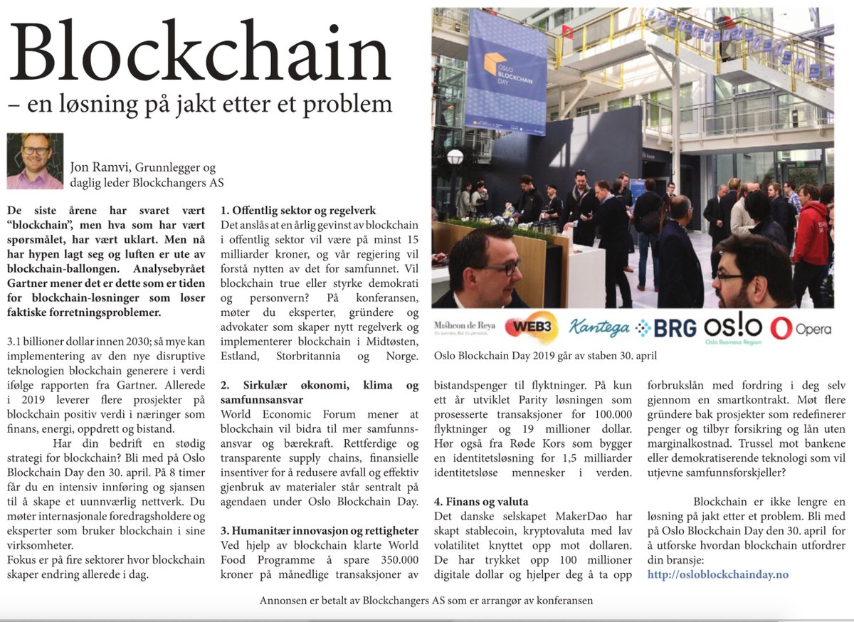 Har selskapet ditt en strategi for blockchain? Det håper vi, fordi innen 2030 vil blockchain generere 3,1 billioner USD i verdi, og det er bare begynnelsen. bli med på Oslo Blockchain Day 2019 og lær mer! 
Her er innlegget i Finansavisen av <a href="/JonRamvi_no/">Jon Ramvi</a> medium.com/blockchangers/…
