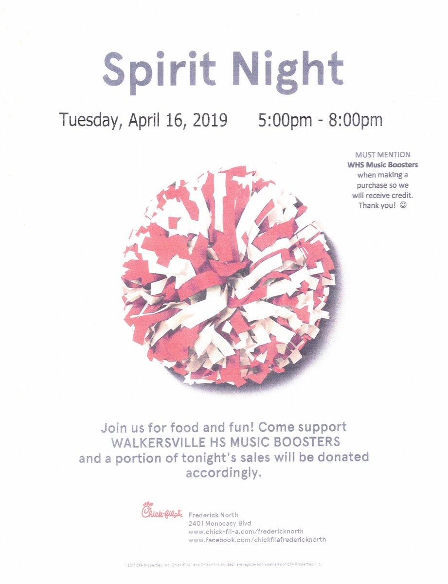 MrLoyMusicTeach's tweet photo. Support Walkersville Music next week at our local Frederick north @ChickfilA!  Help us out as we continue to grow and hear our musicians also!  @WHSAlphaLion @TriM_WHS @WHS_Shakes_Club @WHSMusical2018 @journalism_whs @BoostersWHS @WHSTailgateCrew @WHSsafeandsound https://t.co/ZF7o19stI2