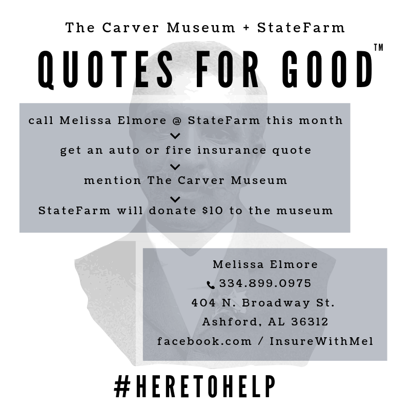 TheCarverMuseum's tweet photo. Feeling #Good? On the market for #Insurance? Call local StateFarm Agent Melissa Elmore for a quote this month, mention us by name, and $10 will be donated to the museum. You get quality insurance, we get to share more with the community... it's a win-win! #HeretoHelp https://t.co/P06jS1KJjt