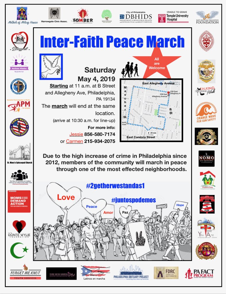 Come out May 4th for an Inter-Faith #Peace #March in #Philadelphia @ B St & Allegheny Ave starting @ 11:00 am #bringyoursigns #paz #amor #love #hope #esperanza #jobsnotguns #cityofbrotherlysisterlyaffection #gunsdown #juntospodemos #2getherwestandas1 #interfaith #every1iswelcome