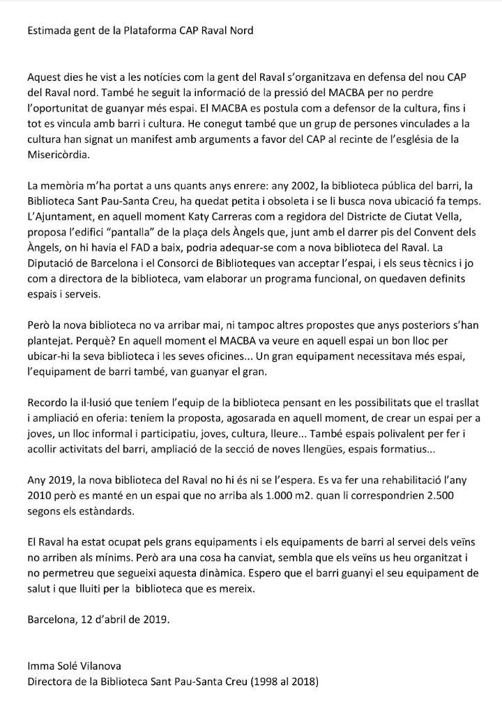 ÚLTIMA HORA
Ens envia aquesta Carta la Directora de la Biblioteca Sant Pau-Santa Creu del Raval explicant com la nova bliboteca mai va arribar perque es va prioritzar al MACBA.

👇👇👇👇👇⚠️⚠️⚠️⚠️⚠️