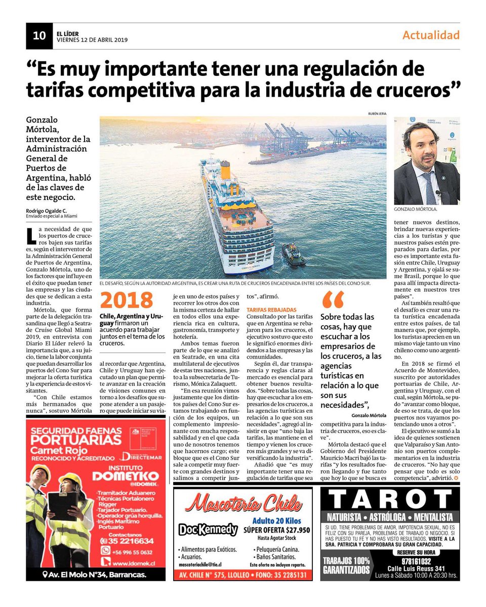 elpuertodechile's tweet photo. Hoy en @diariolider, entrevista a @gonzamortola, Interventor de la Administración de Puertos del Estado, sobre la coordinación de Argentina 🇦🇷 , Uruguay 🇺🇾 y Chile 🇨🇱 para ofrecer un destino atractivo a los turistas de cruceros.

#seatrade2019 @Sernatur @puertos_conosur https://t.co/Wma3K85467