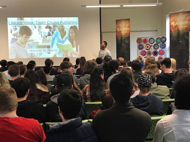 WinstonPrepCT's tweet photo. Faculty member Mr. Thomas closes out Literacy Week while sharing his publishing journey #wpsct #literacyweek https://t.co/KjfpJZpygF