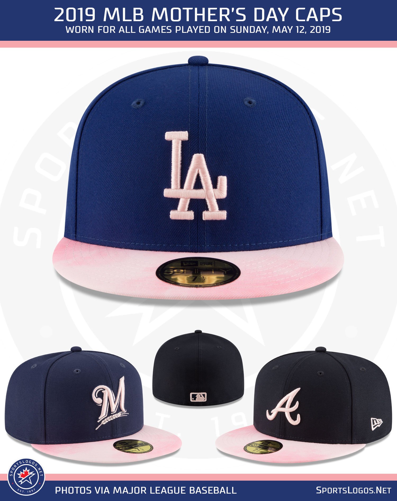 Chris Creamer  SportsLogos.Net on X: Here's the 2019 #MLB Mother's Day  cap design, team colour crowns with pink logos and brims. More photos and  details here:   / X