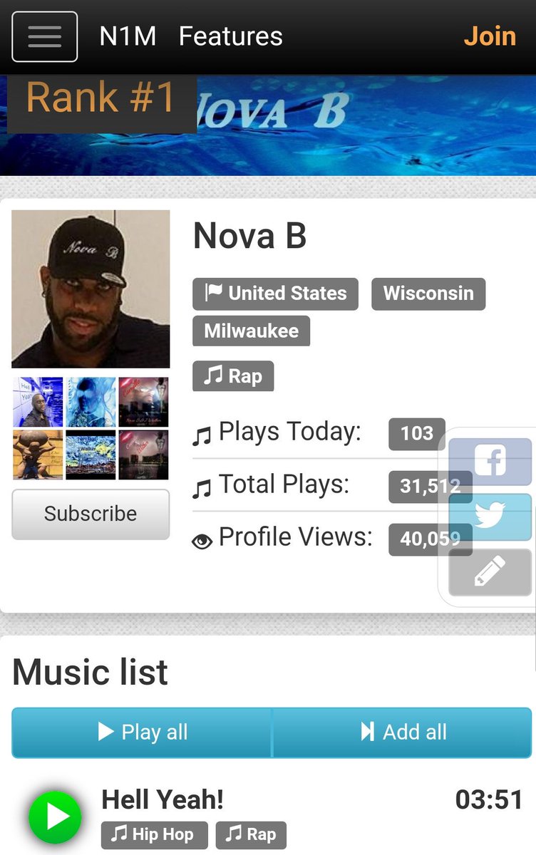Check out <a href="/NovaBofficial/">Nova B</a> new song called "Hell Yeah". Song dropped this week and has been #1 since. #NewMusicFriday
#NewMusicAlert
#NewMusic 

numberonemusic.com/novab