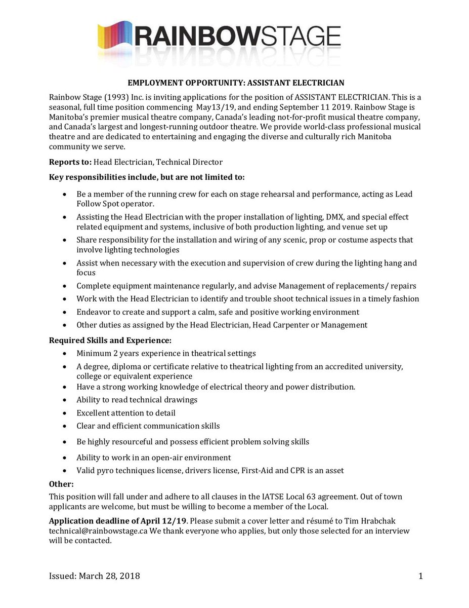 iatse63's tweet photo. Rainbow Stage (1993) Inc. is hiring for the position of ASSISTANT ELECTRICIAN for the 2019 season. Please submit a cover letter and résumé to Tim Hrabchak at technical@rainbowstage.ca Deadline is today!!!

https://t.co/Vm39e197O2

#iatse63 https://t.co/0HVkYll927