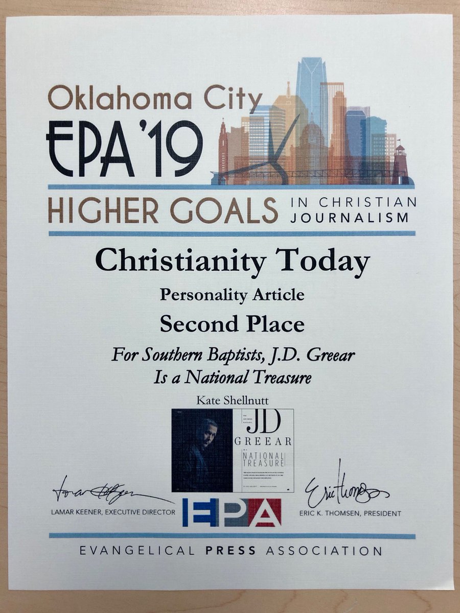 I'm also proud that my very talented colleague <a href="/kateshellnutt/">kate shellnutt</a> won a 2nd Place EPA award for her profile of <a href="/jdgreear/">J.D. Greear</a>, pastor of <a href="/SummitRDU/">The Summit Church</a> and now president of the Southern Baptist Convention. Check it out: christianitytoday.com/ct/2018/june/j…