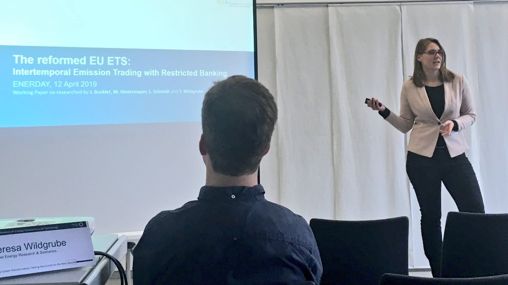ewi_koeln's tweet photo. Theresa Wildgrube talked about quantifying the effects of various components of the reformed EU ETS, especially concerning emissions and certificate prices @tudresden_de #ENERDAY2019 https://t.co/4cztqXdGRq