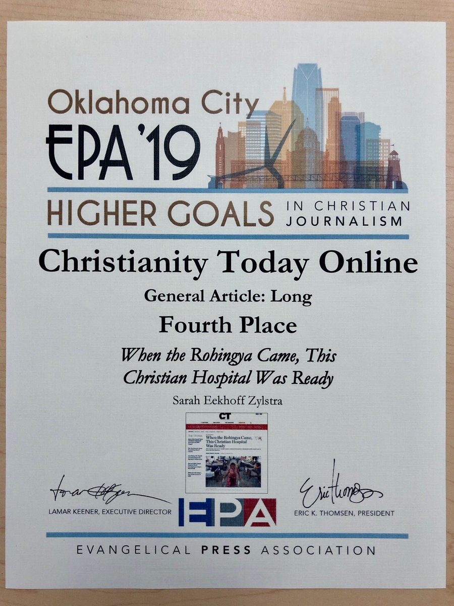 I'm also proud that the very talented @sarahezylstra won an EPA award for breaking this story on a Christian hospital in Bangladesh serving the Rohingya: christianitytoday.com/news/2018/apri…