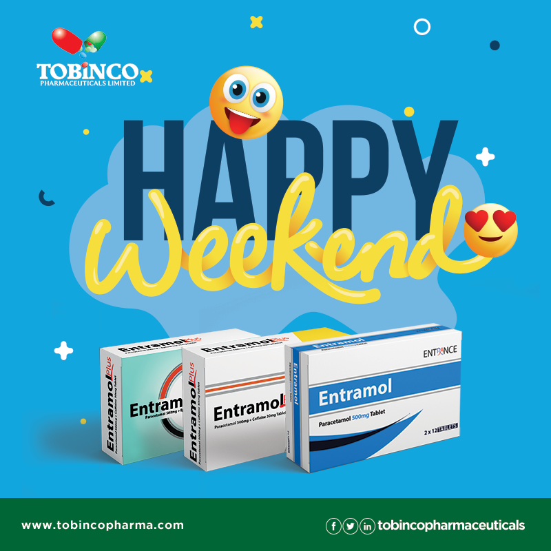 Tobincopharmacy's tweet photo. We just couldn't wait to let you know is finally weekend. Eat well, rest more, and don't forget to reach for your Entramol Paracetamol 500mg if you are experiencing headache, migraine and catarrh. #weekendishere #Entramol #smartpainrelief https://t.co/4cXGOIuDYj