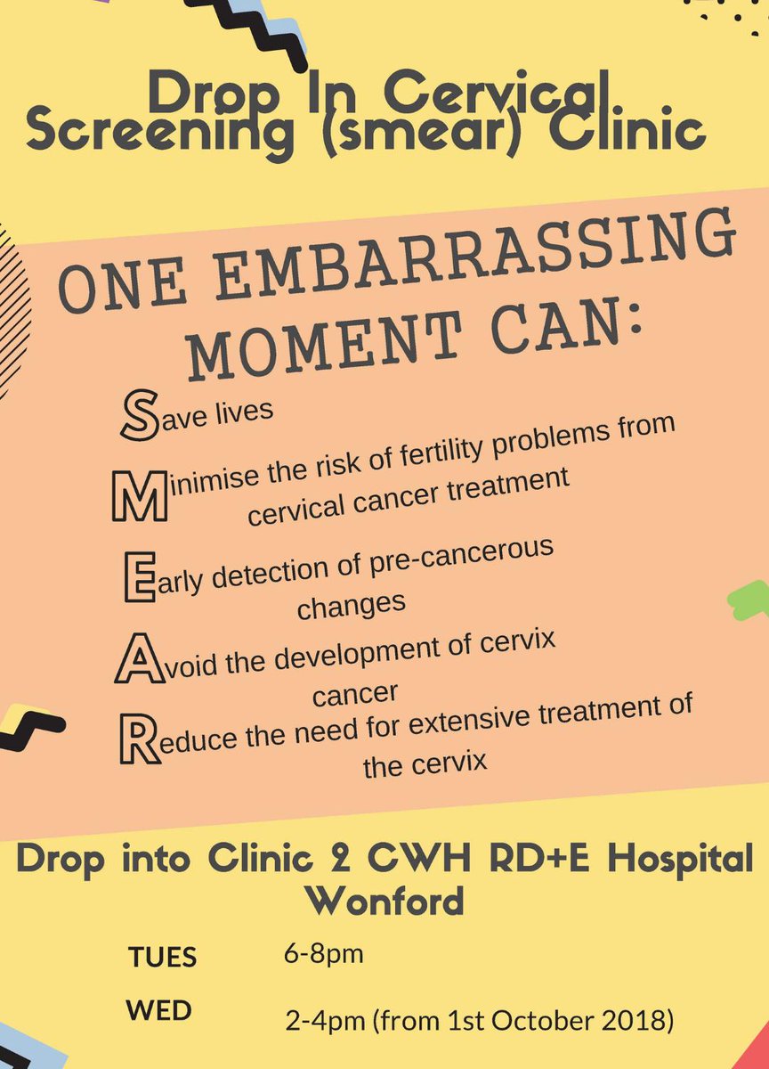 RoyalDevonNHS's tweet photo. 1 in 4 women don't attend their #cervicalscreening appointment - have you had yours?

The RD&amp;E runs two clinics each week for women who have been invited for their smear test but may not be able to access their GP practice. Find out more here: https://t.co/IMR9AWqdvC https://t.co/L7I3oLgoO9