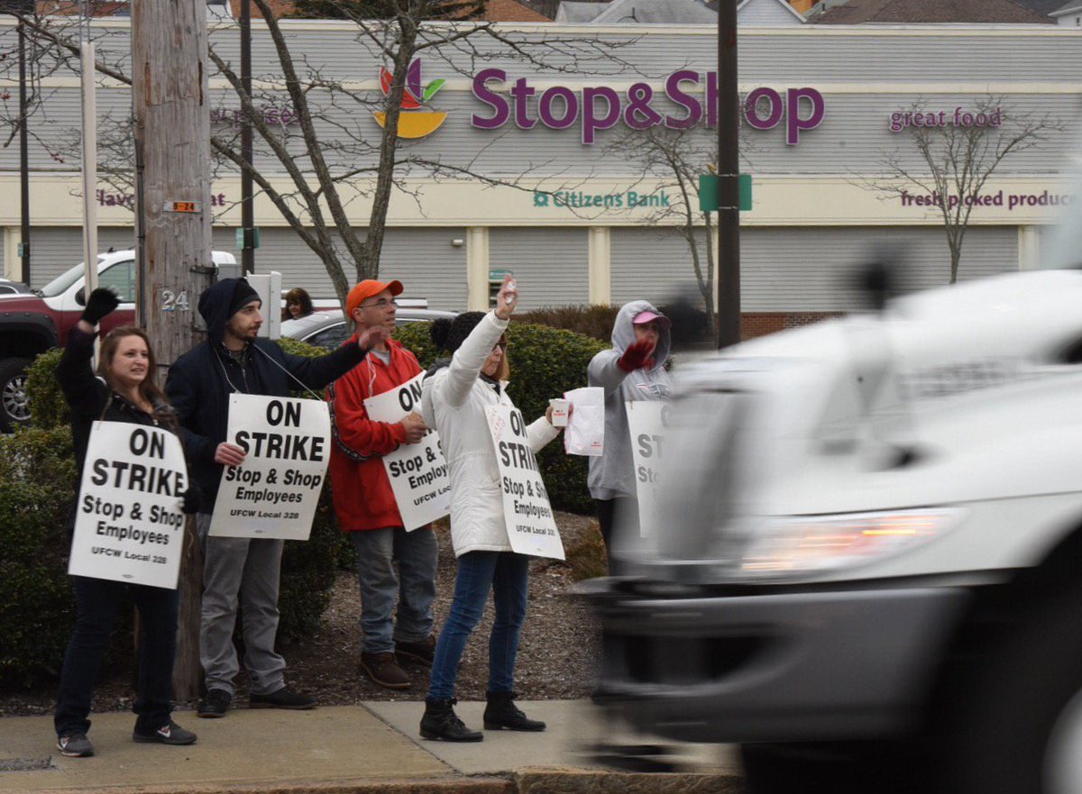 On the line since 6 am, striking stop&amp;shop workers thank honking supporters passing on Rodman st.