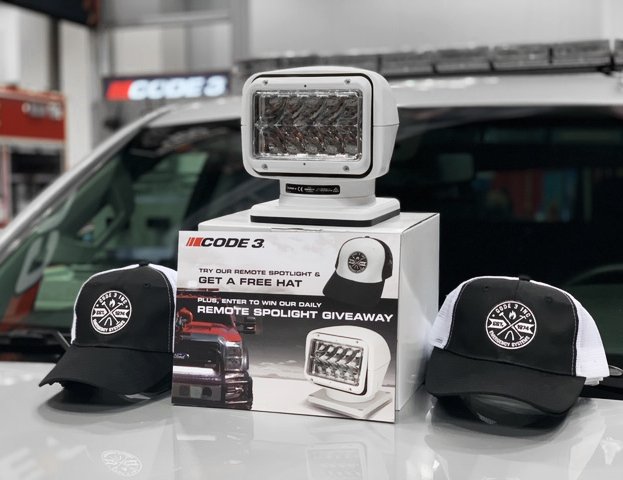 Code3Inc's tweet image. We are giving a Focus360 Remote Spotlight away every day of @FDICIndy!
Stop by our booth #4345 and aim our Focus360 Spotlight at a target to enter. Everyone who plays wins a free Code 3 hat, while supplies last. #Code3Inc