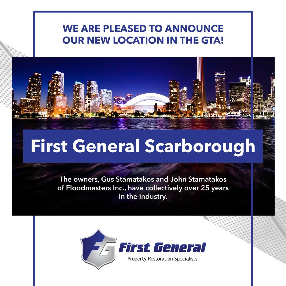 FGSNA's tweet photo. We are pleased to announce our new location in the GTA! First General Scarborough. The owners, Gus Stamatakos and John Stamatakos of Floodmasters Inc., have collectively over 25 years in the industry. #GTA #toronto #scarborough #restoration #firstgeneral #newlocation https://t.co/Kgeyk3BMGq