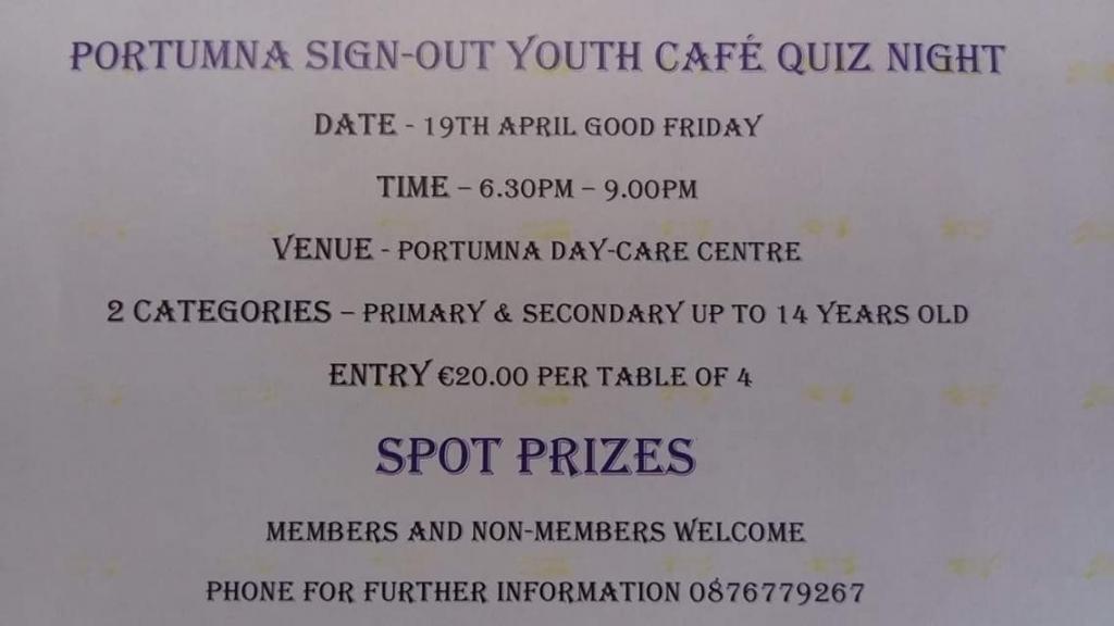 portumnacommsch's tweet photo. Details attached in notice of Sign Out Quiz Portumna. https://t.co/nTeOmm1r1x