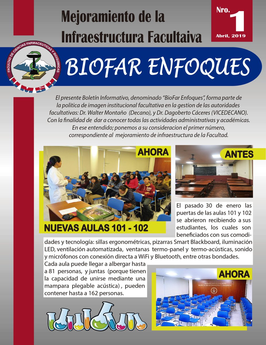 FacUmsa's tweet photo. Boletín 1.- @FacUmsa
*** MEJORAMIENTO DE LA INFRAESTRUCTURA FACULTATIVA ***
BIOFAR ENFOQUES
#BioFar
#UMSA_la_mejor https://t.co/EDm4TU9424