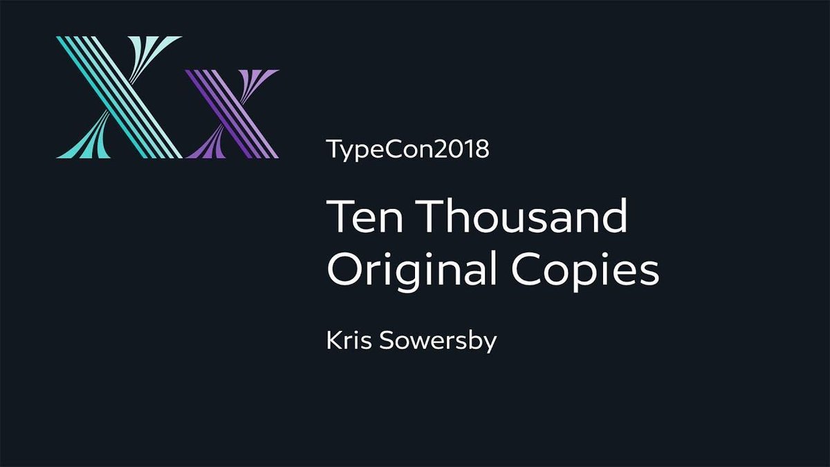 typecon's tweet photo. Kris Sowersby presented “Ten Thousand Original Copies” at TypeCon2018: Xx in August and it was a crowd favorite. Thanks to @googlefonts you can watch his talk here: https://t.co/4sVRiDsmcg

@klimtypefoundry @typecon #typecon2018 https://t.co/p2PjYgtJAx
