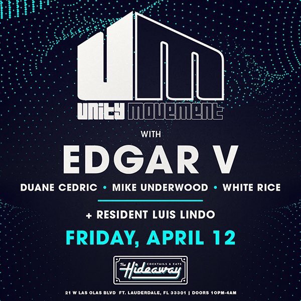 The Unity Movement continues this Friday at #TheHideawayFTL feat local legend <a href="/DjEdgarV/">Edgar V</a> alongside <a href="/djDuaneCedric12/">Duane Cedric</a>, <a href="/DJMikeUnderwood/">Mike Underwood</a>, @itsWhiteRice &amp; Resident DJ Luis Lindo! Thanks to each of our local friends &amp; family for the support! WE are stronger TOGETHER!