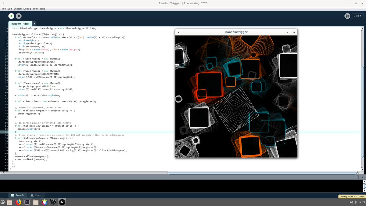 monkstoneT's tweet image. @jackvpurvis @poqudrof @ProcessingORg Multiple callbacks as lambdas in @SamSpotsTime beta-processing4 ide with one of @JoshuaDavis sketches. Available for some time in #JRubyArt github.com/ruby-processin…