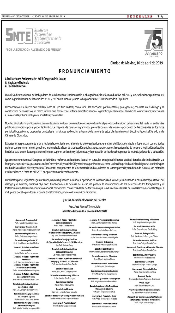 snte20nayarit's tweet photo. PRONUNCIAMIENTO. Indispensable que se abrogue la reforma educativa: Sección 20 SNTE.

La Sección 20 del SNTE exhorta a legisladores a abrogar la reforma educativa de 2013, sus evaluaciones punitivas y a concretar modificaciones a los artículos 3ero., 31 y  73 Constitucionales. https://t.co/o2ay7g8BBU