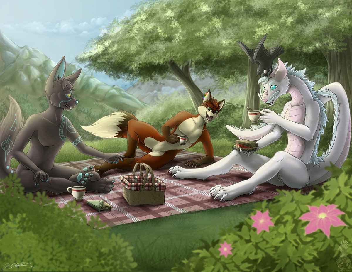 KariLKorthals's tweet photo. What a Lovly day for a AAHHHH!
Last of my commission from #PDFC2019 Woo!
(From right to left)
:IconWolfieDream:'s Raven, https://t.co/rK0SIsVBaD RolandD and :IconImsical:
Enjoying a nice picnic in the country but a 4th guest arrives haha
Very fun piece to work on https://t.co/yevMqMmiSe