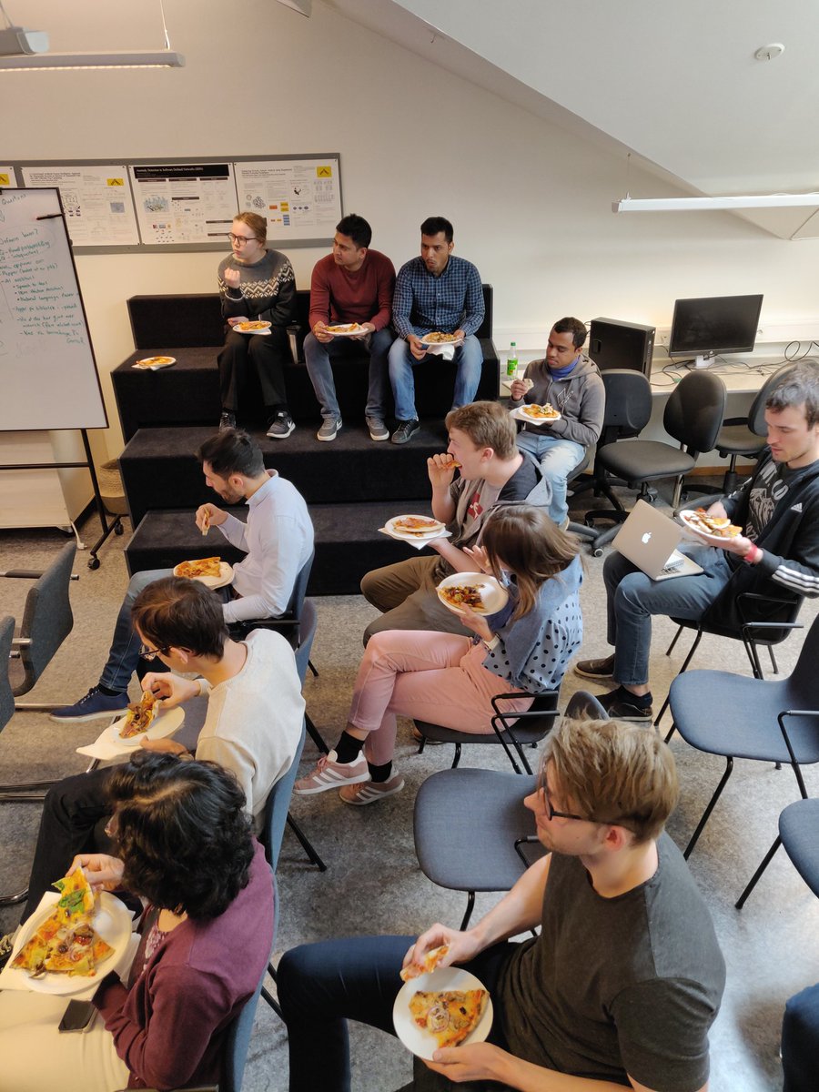 OsloMetAI's tweet photo. Great #AI pizza lunch at the #OsloMetAILab! Great pitches on STEM GAN, DeepLearning support for the visually impaired, and explainable AI in medicine. @OsloMetAI #SimulaMet @OsloMet @teknologidesign @simula_research https://t.co/BdD77myFQu