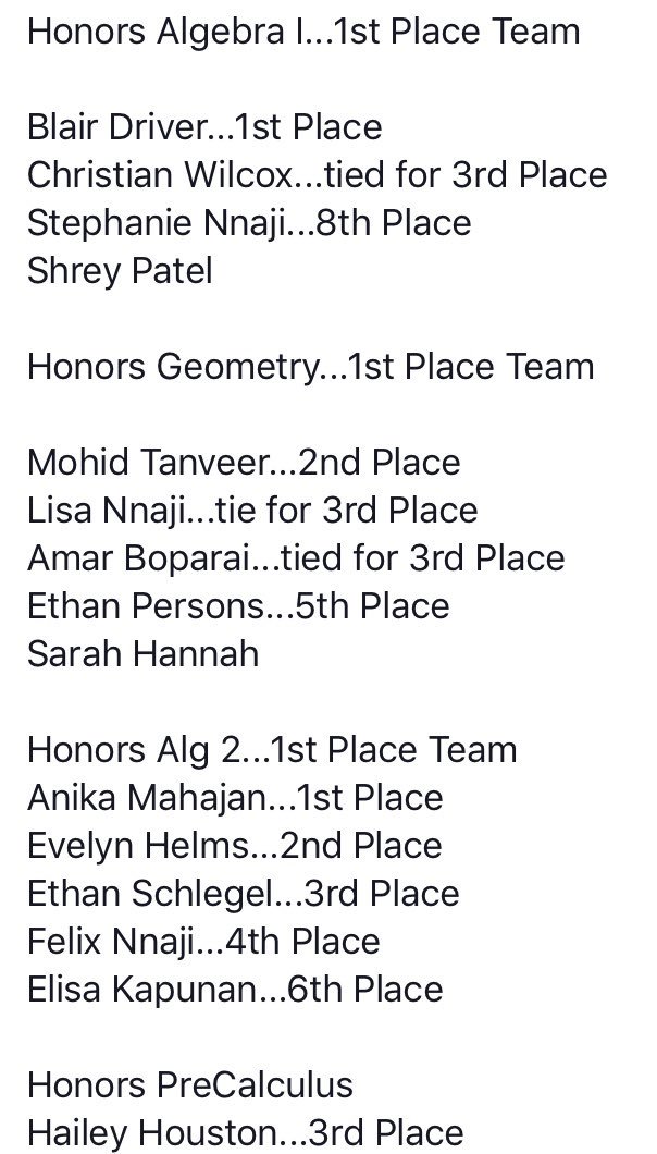 Congrats to our tennis-playing mathletes Blair Driver, Lisa Nnaji, Anika Mahajan, Hailey Houston, and Ethan Schlegel for placing in the 2019 TMTA Math Competition!