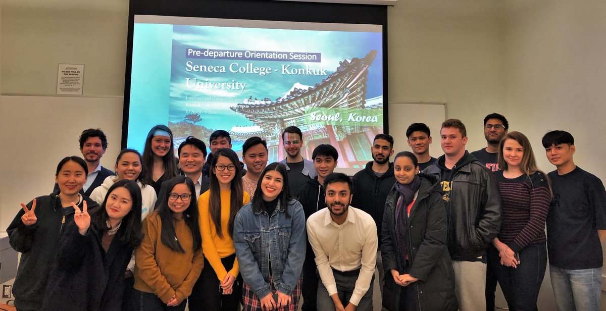 Seneca_Go's tweet photo. Final pre-departure orientation for @SenecaBusiness students heading to study for 5 weeks @konkuk_univ this spring. Wishing them safe travels as they get ready to explore beautiful Seoul, Korea! #SenecaGo https://t.co/IqyMuZEN5n