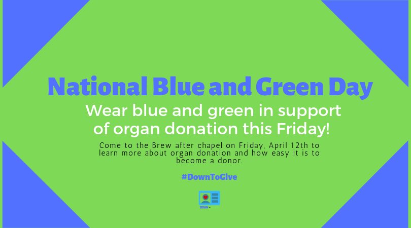 Today is #NationalBlueAndGreenDay!! We will be holding a table in the <a href="/OC_BREW/">THE BREW</a> to answer any questions you may have about organ donation! Don’t forget to post on social media about why your are an organ donor for a chance to win a gift card! Are you #DownToGive? #OrganDonation