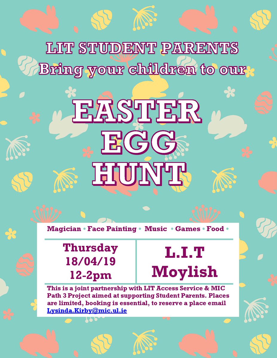 TUS__Access's tweet photo. Be sure to book in fast for our FREE Easter Egg Hunt on Thursday, April 18th at LIT Moylish. Places are limited and booking is essential. To reserve a place email Lysinda.Kirby@mic.ul.ie. #EasterParty #AccesstoHigherEd #SupportingStudentParents with @LIT_SU https://t.co/LUAw3JXXBh